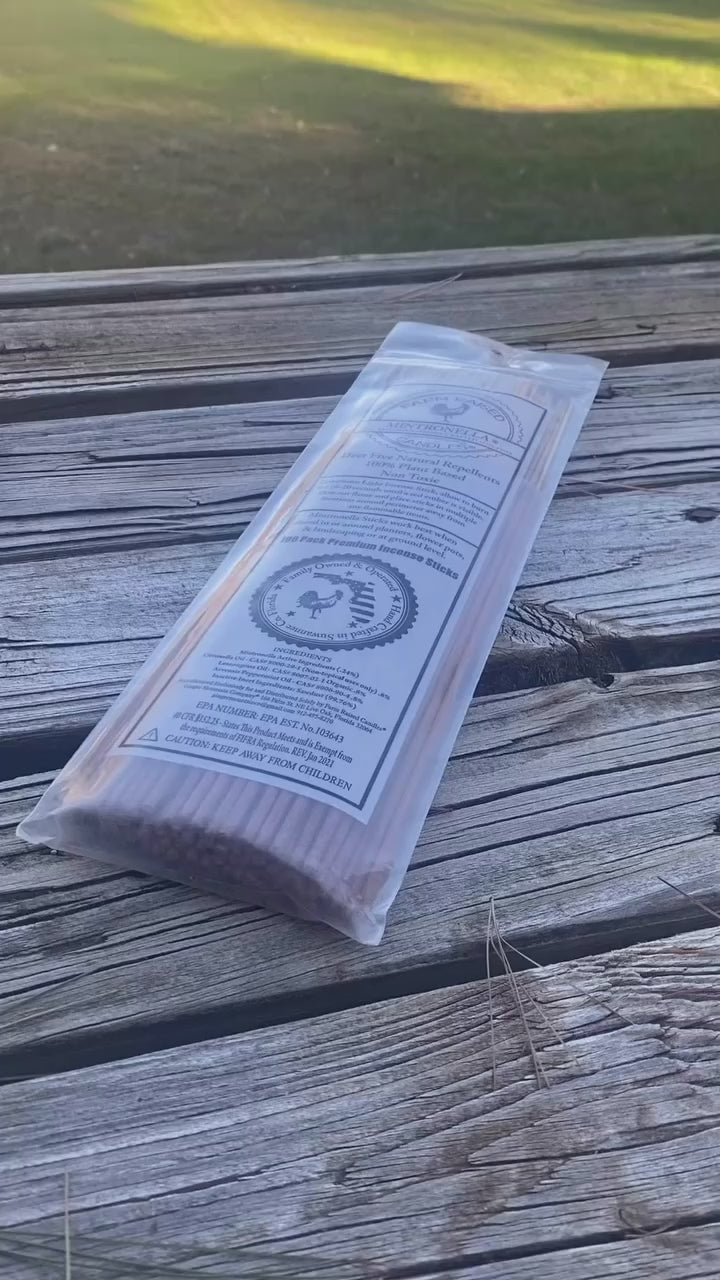 Farm Raised Candles - USA Made - Mintronella Outdoor Mosquito Repellent Patio Sticks. Free Shipping - Factory Direct. USA Made Natural Plant-Based Mosquito Repellent \ Gnats \ No See ums. Outdoor Bug Incense Sticks. 100 Pack Hand-Crafted In Florida