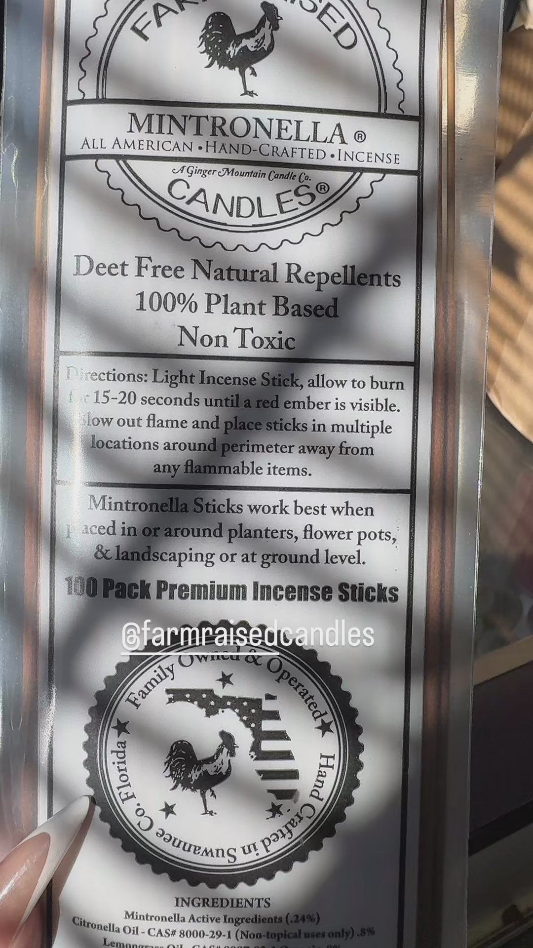 Farm Raised Candles - USA Made - Mintronella Outdoor Mosquito Repellent Patio Sticks. Free Shipping - Factory Direct. USA Made Natural Plant-Based Mosquito Repellent \ Gnats \ No See ums. Outdoor Bug Incense Sticks. 100 Pack Hand-Crafted In Florida