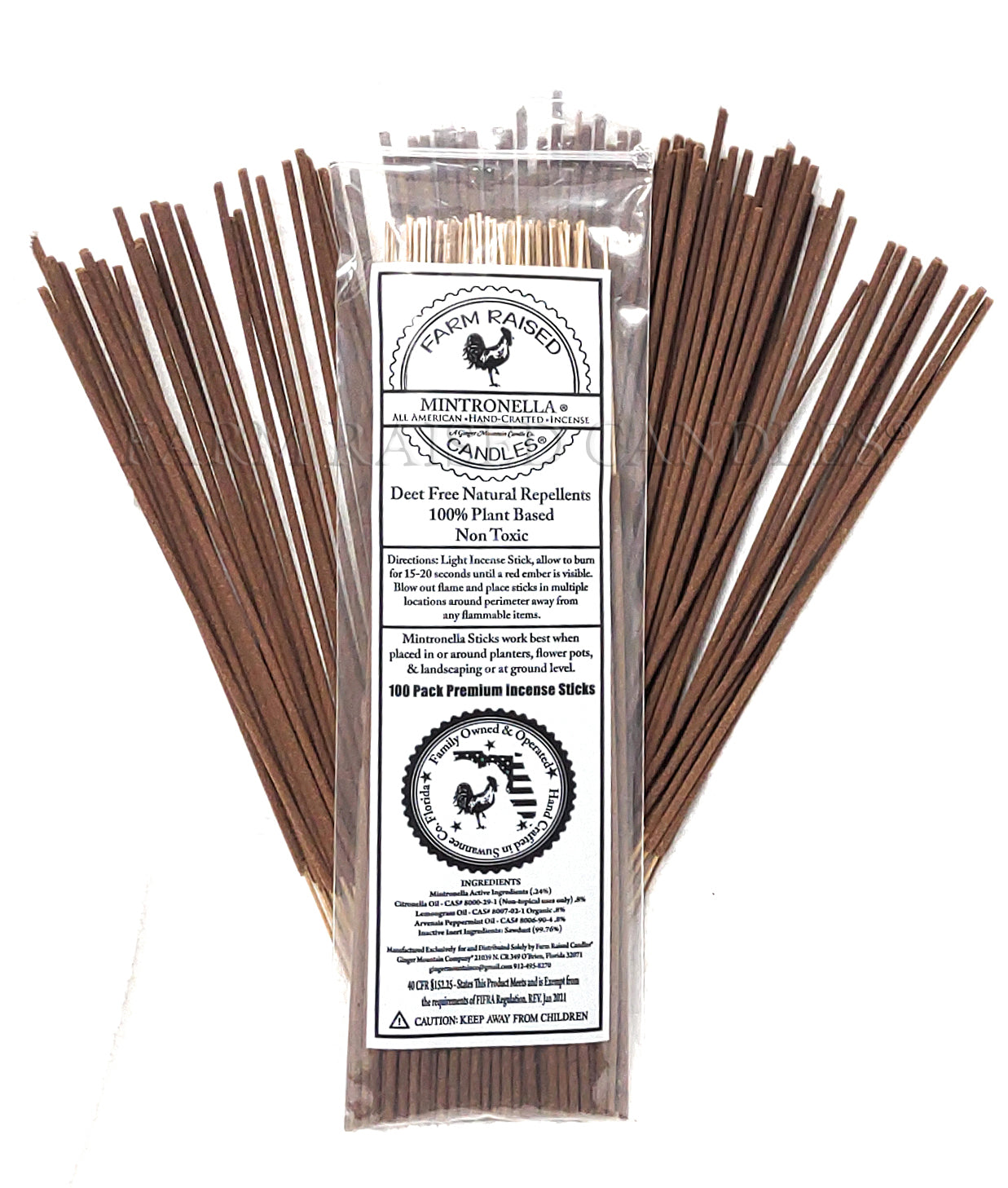 Mintronella. USA Made Natural Plant-Based Mosquito Repellent \ Gnats \ No See ums. Outdoor Incense Sticks. 100 Pack Hand-Crafted In Florida - Farm Raised Candles