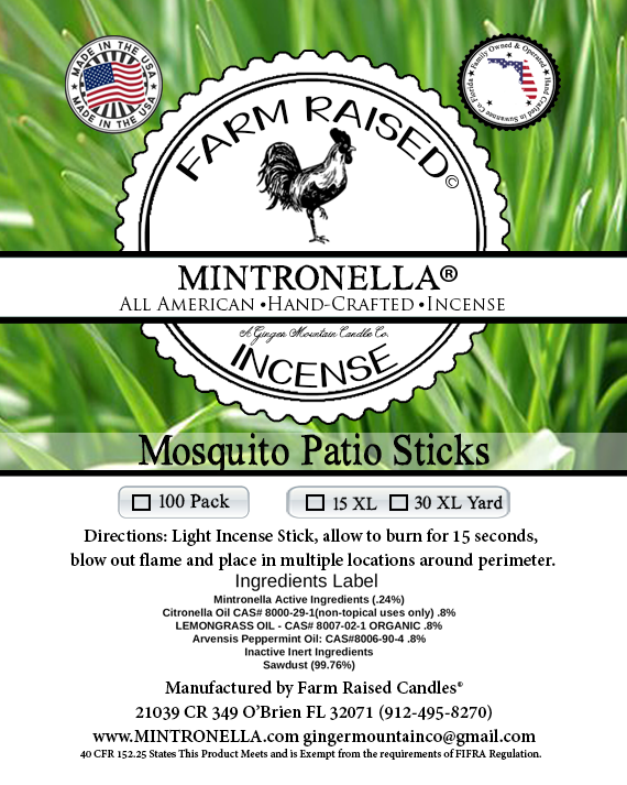 Mintronella. USA Made Natural Plant-Based Mosquito Repellent \ Gnats \ No See ums. Outdoor Incense Sticks. 100 Pack Hand-Crafted In Florida - Farm Raised Candles