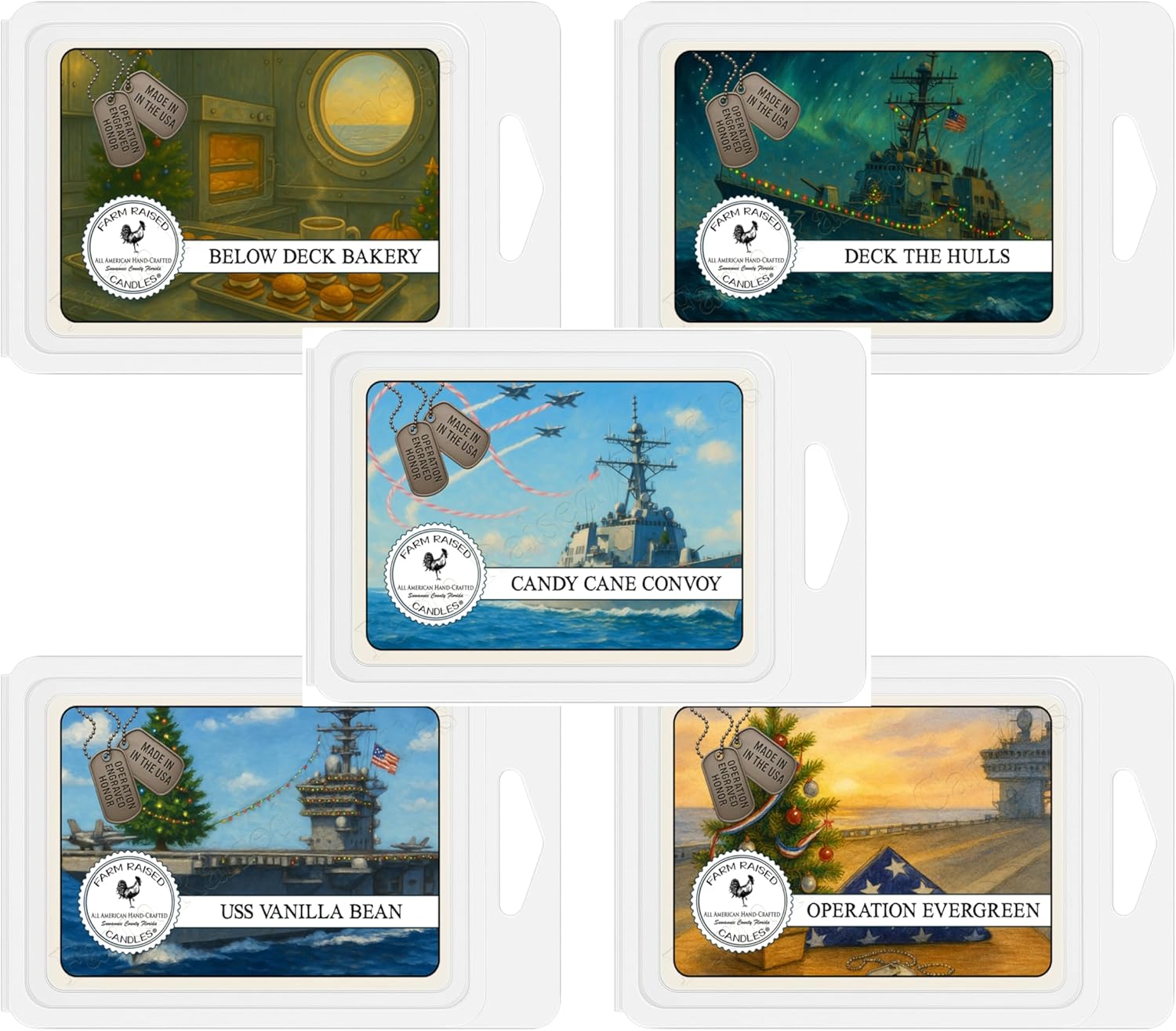 Farm Raised Candles - Navy Gift - Christmas Holiday Fleet 5-Pack Wax Melts – 3oz Each – All-American Soy Wax – Operation Engraved Honor Sailor Charity Pack