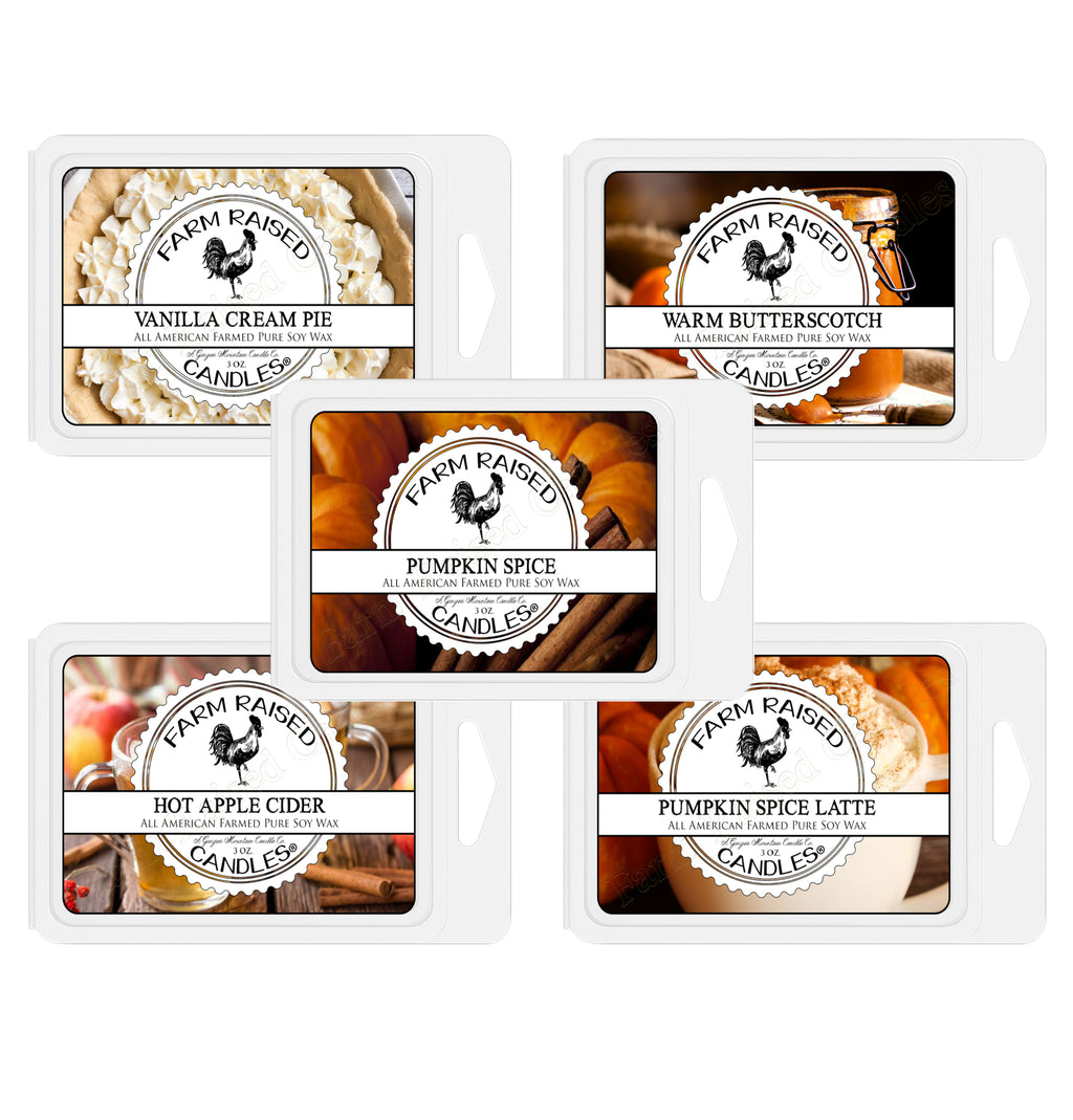 Farm Raised Candles – Pumpkin Wax Melts 5-Pack (16 oz Total) Fresh From the Farm Soy Wax Melts – Hand-Poured Fall Scents: Vanilla Cream Pie, Apple Cider, Butterscotch & Spice