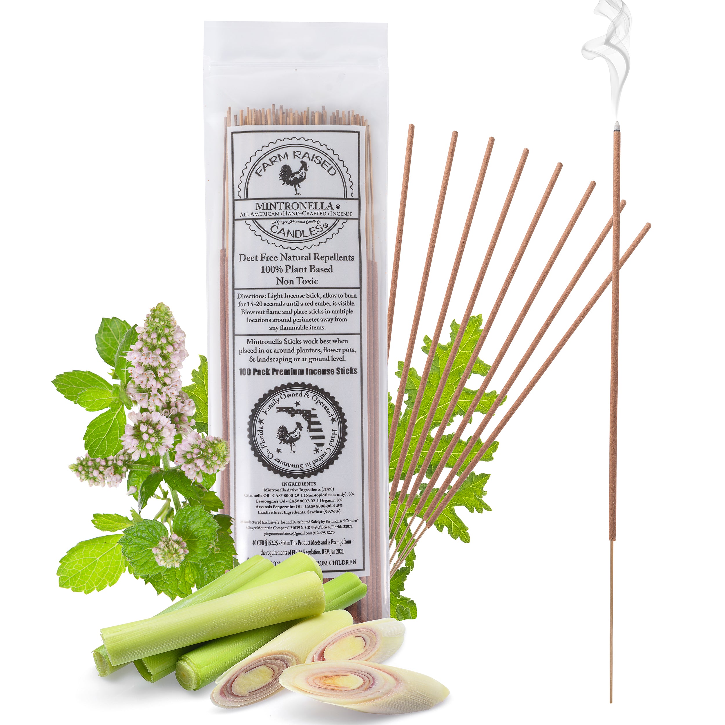 Farm Raised Candles - USA Made - Mintronella Outdoor Mosquito Repellent Patio Sticks. Free Shipping - Factory Direct. USA Made Natural Plant-Based Mosquito Repellent \ Gnats \ No See ums. Outdoor Bug Incense Sticks. 100 Pack Hand-Crafted In Florida