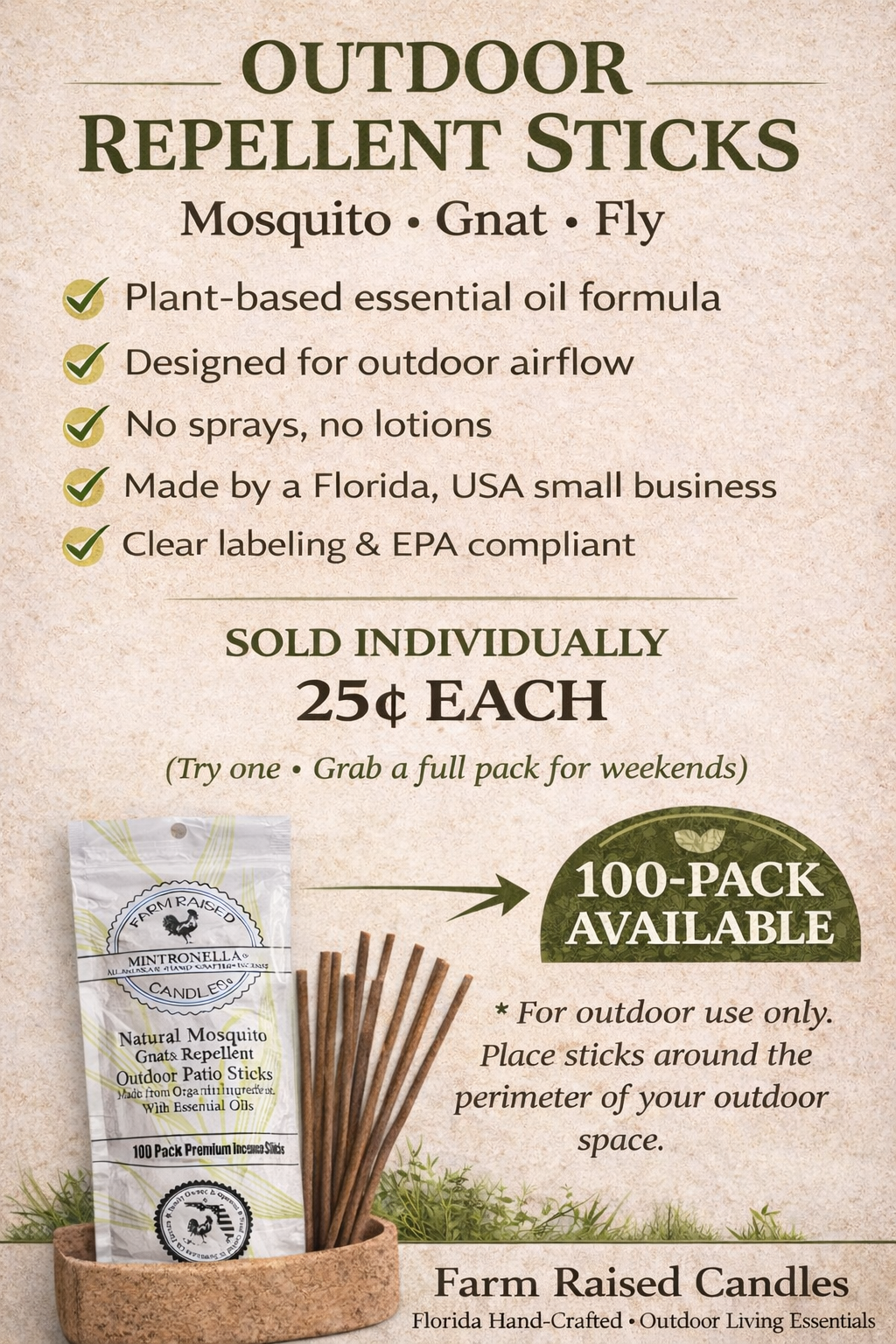 Wholesale Mintronella Mosquito, Gnat & Fly Repellent Sticks – 100 Pack | Florida Hand-Crafted Outdoor Repellent for Patios & Camping