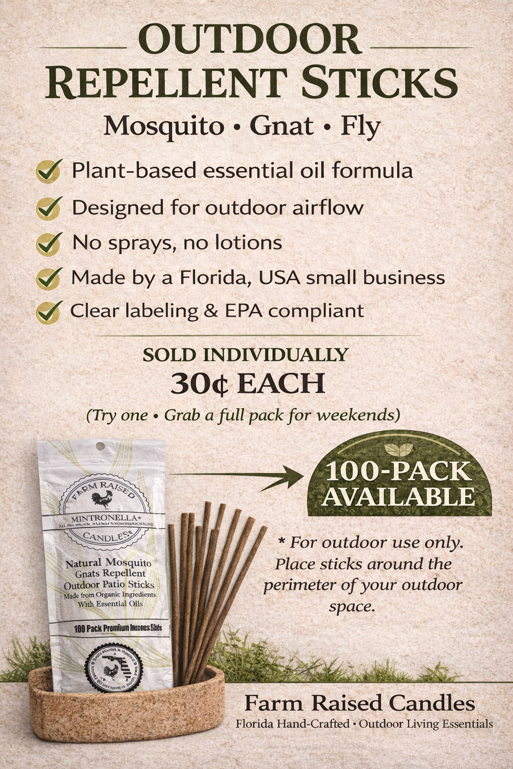 Wholesale Mintronella Mosquito, Gnat & Fly Repellent Sticks – 100 Pack | Florida Hand-Crafted Outdoor Repellent for Patios & Camping