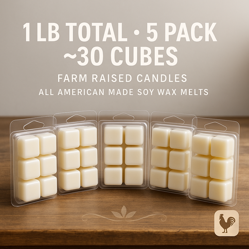 Hand-poured fall wax melts in clamshell packs, Farm Raised Candles brand, cozy autumn style